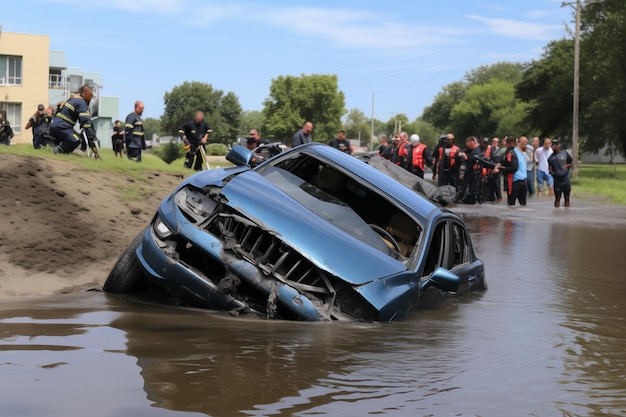 Car submerged in water after veering off the road Generative AI