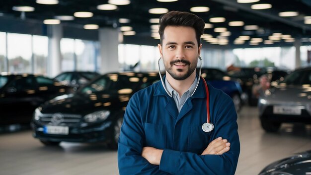 Foto tecnico automobilistico con uno stetoscopio in una vetrina