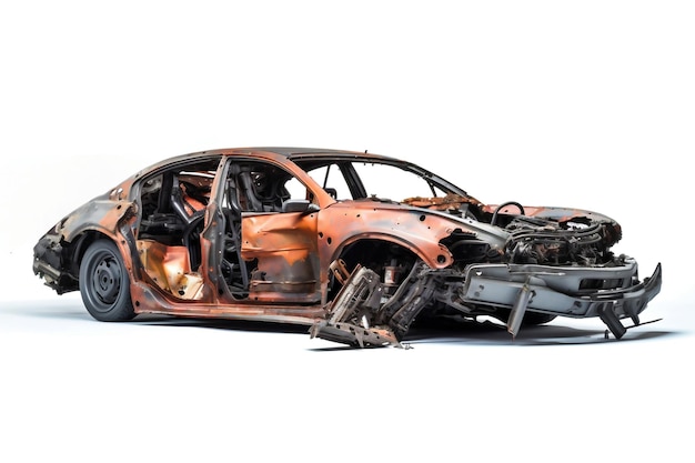 A car that has been burnt and is sitting on the ground