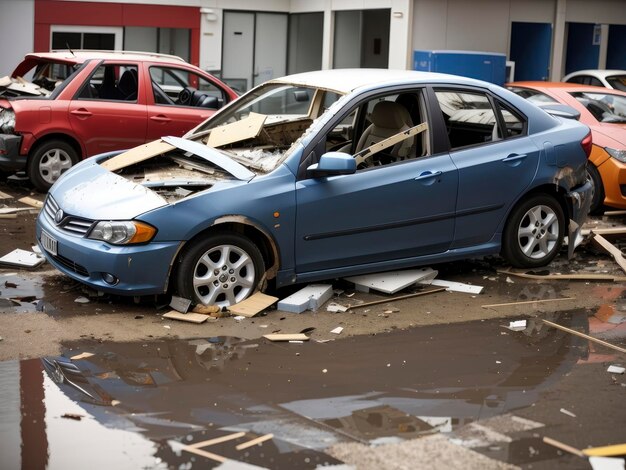 Foto un'auto che è stata danneggiata ed è seduta in un parcheggio