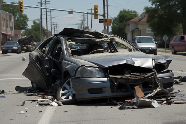 A car that has been wrecked on the side of the road