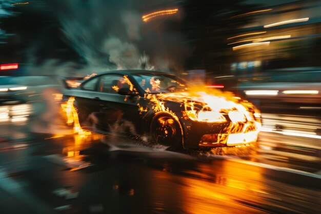 Foto un'auto che ha delle fiamme che ne escono