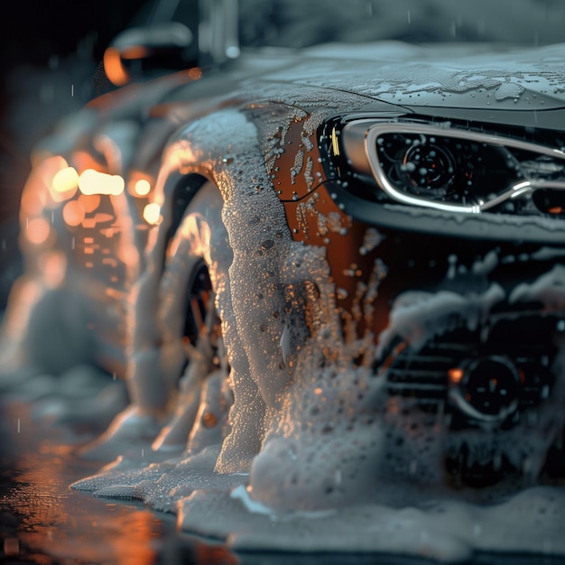 Photo a car that has the hood up and the hood of it is covered in snow