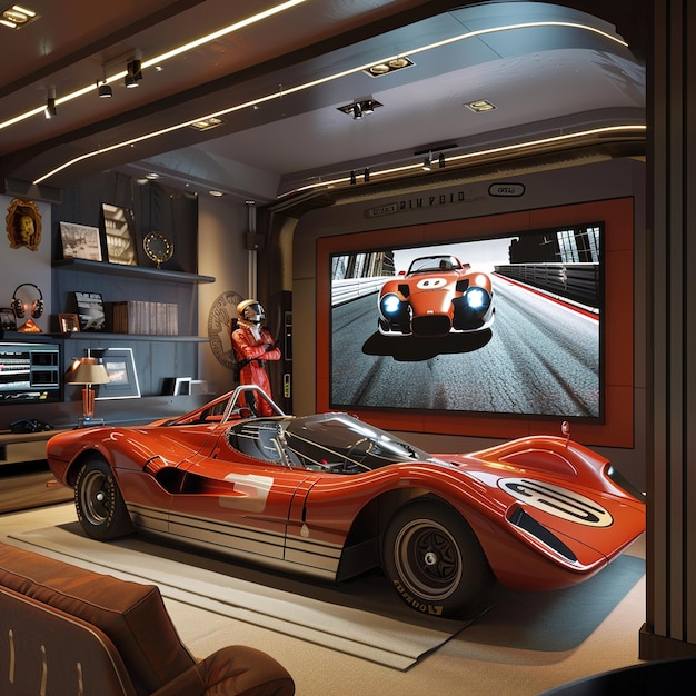 a car that is on display in a room