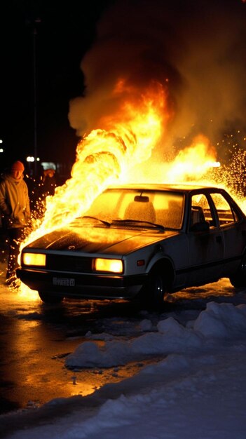 Foto una macchina che è in fiamme nella neve