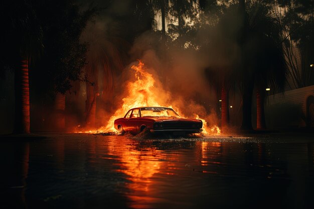 a car that is on fire in the water