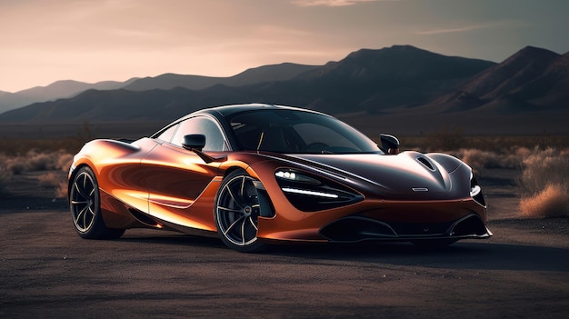 オレンジ色の車の前面に「mclaren」の文字が入っています。