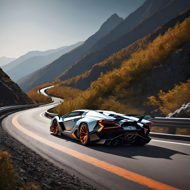 Photo a car that is on a road with mountains in the background