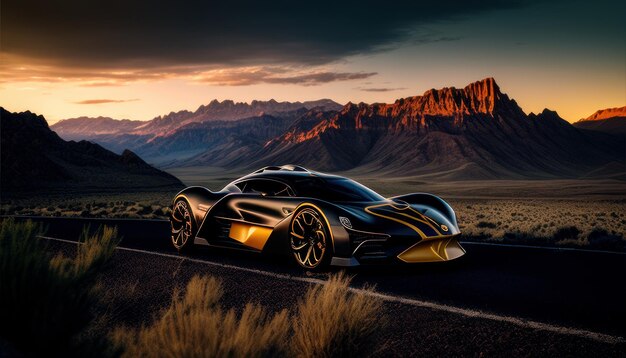 A car that is on a road with mountains in the background