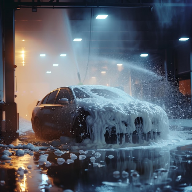 Foto un'auto che spruzza acqua sul terreno