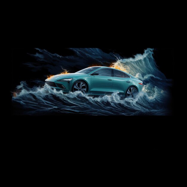 Photo a car that is in the water with a fire on the top