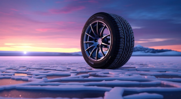 a car tire on cold snowy roads with snow falling down