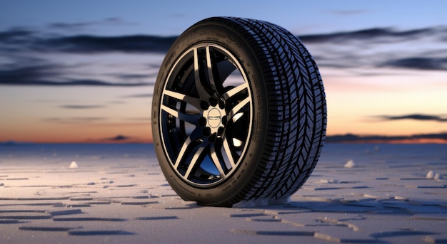 a car tire on cold snowy roads with snow falling down