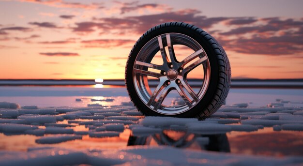 Photo a car tire on cold snowy roads with snow falling down