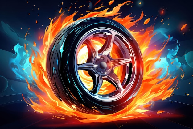 Car tire in fire background