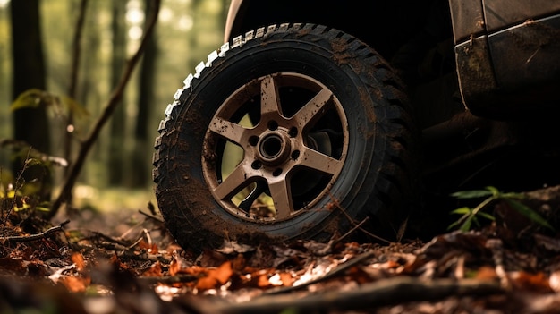 Photo car tire in the forest