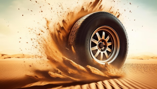 Car tire in high speed desert race and dirt Extreme wheel action on isolated dune kicking up sand and adrenaline Thrilling adventure Offroad Motion