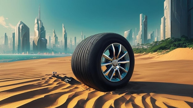 Car tire on sand in a futuristic metaverse cyber sci fi city future world concept