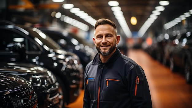 Car tire shop and service mechanic holding new tire on garage background