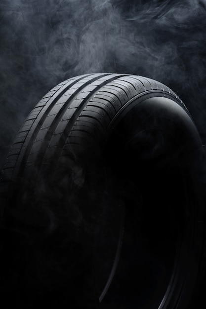 Car tire and smoke on black