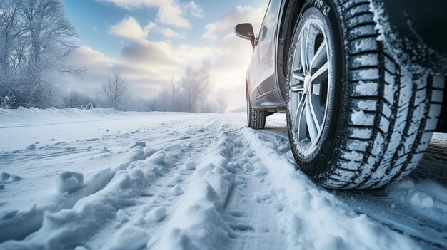 Photo car tire on snow covered road