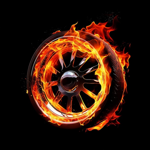 Photo car tire with fire flames