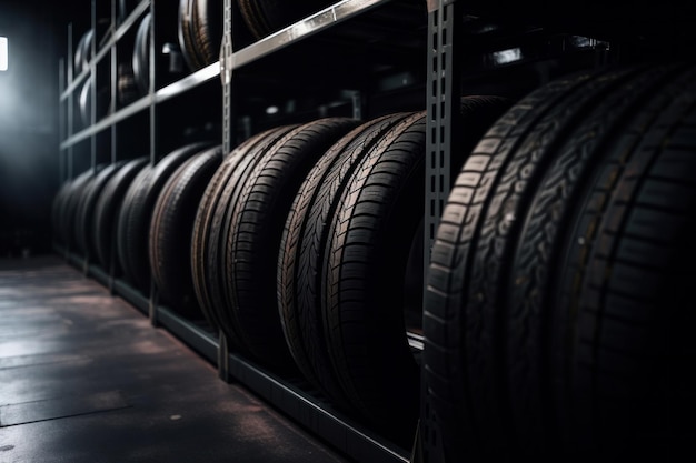 Car tires arranged neatly on a warehouse shelf