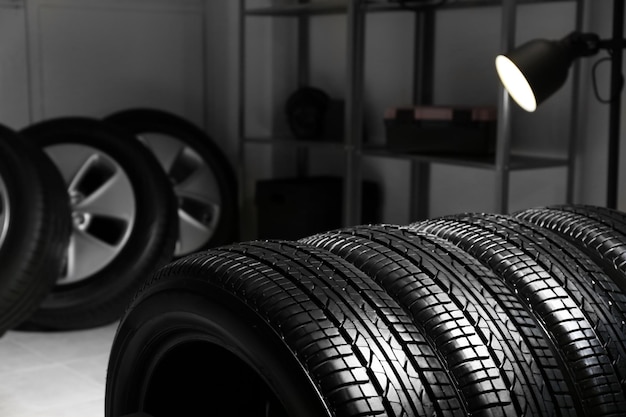 Car tires in automobile service center