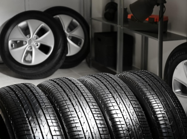 Photo car tires in automobile service center