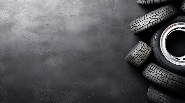 Photo car tires on black background top view with copy space