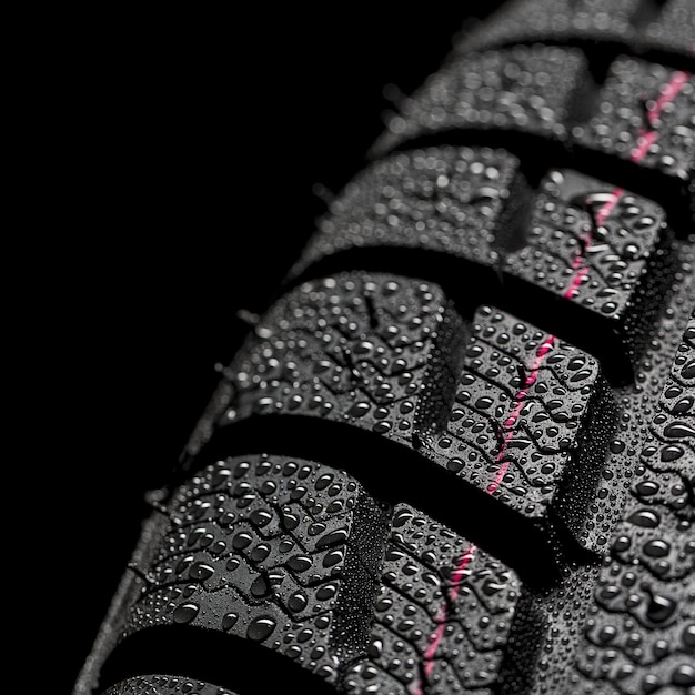 Photo car tires closeup winter wheel profile structure with waterdrops on blue black background