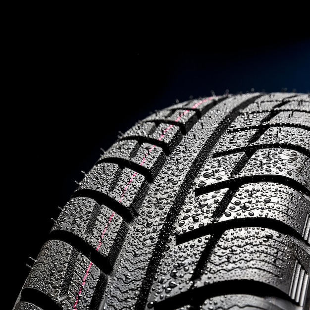 Car tires closeup Winter wheel profile structure with waterdrops on blue black background