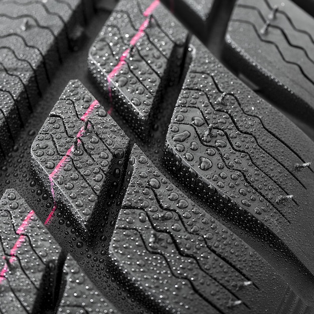 Car tires closeup Winter wheel profile structure with waterdrops