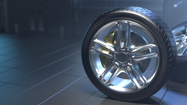 Car tires in a futuristic room