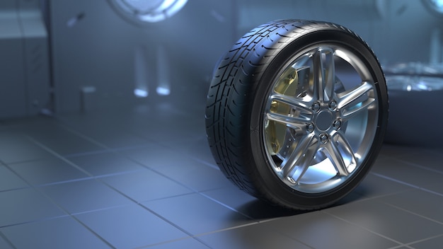 Car tires in a futuristic room