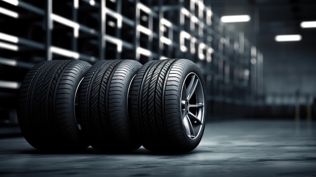 Car tires in a garage 3D rendering 3d illustration Generative AI