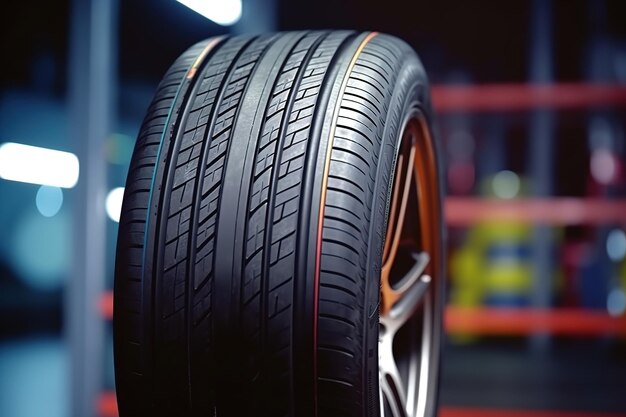 Car tires on garage background