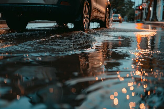 Photo car tires rolling through a deep street puddle