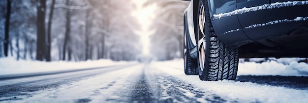 Car Tires On Snowy Winter Road