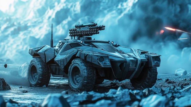 A Car of Tomorrow Equipped with a Mounted Minigun on the Hood Set Against a Blurred Battle Backgroun