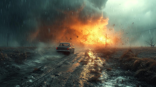 Car and tornado in the field