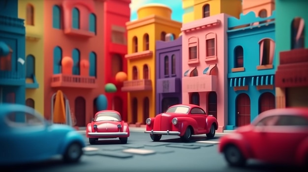 Photo car town house architecture illustration building city cartoon street isometric generative ai