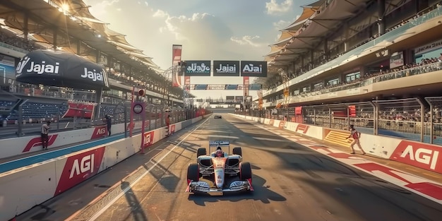 a car on a track with the word  on the sign