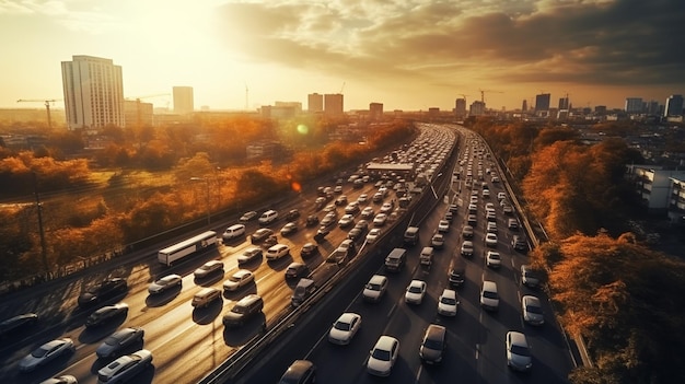 Foto il traffico automobilistico sullo sfondo del tramonto