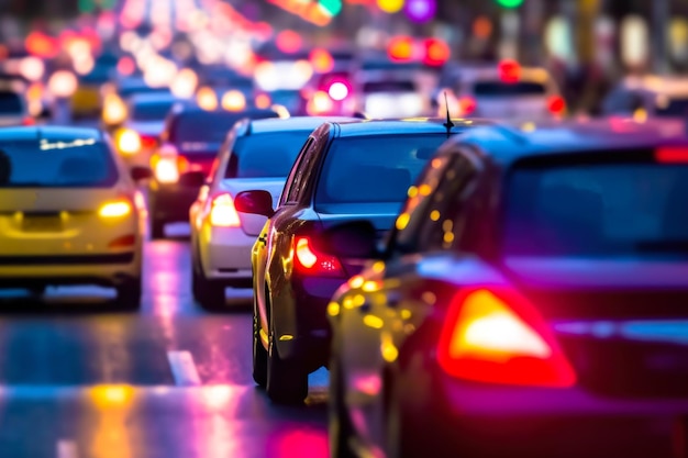 Photo car traffic jam in the evening lights generative ai