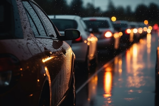 Car traffic jam on the road rain bad weather generative ai