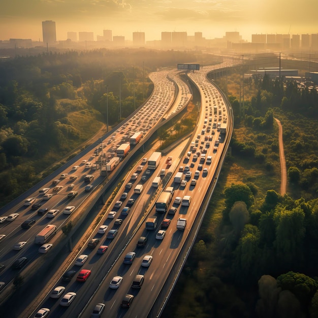 写真 高速道路で移動する車両の空中写真