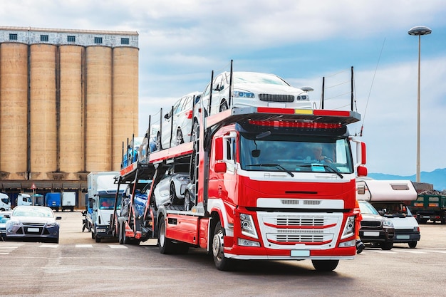 Car transporter in the port in Cagliari, Sardinia, Italy