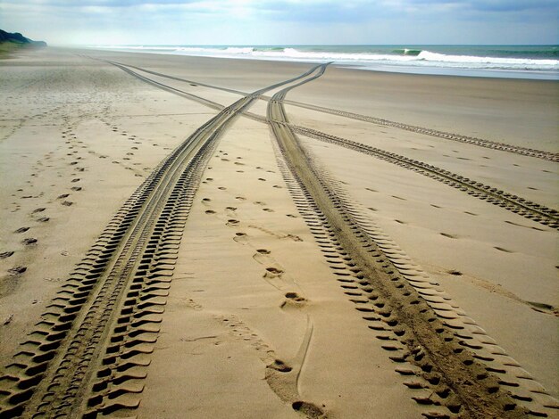 Photo car tread marks on the beach in day