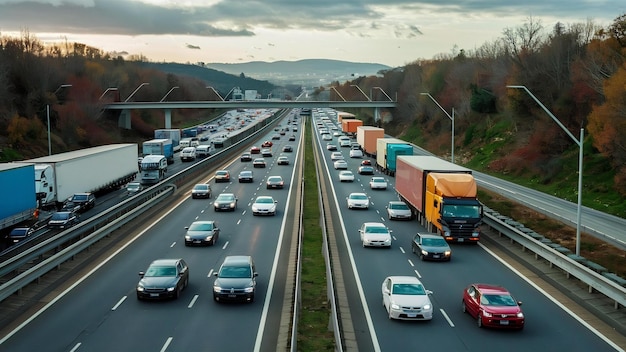 Car and trucks rushing on multiple lane highway at turin bypass italy